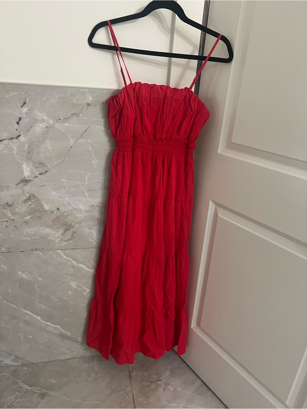 entro Red Smocked Bodice Tiered Maxi Dress
